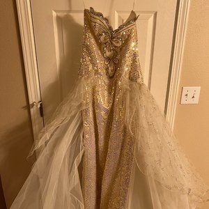 80s Prom Dress, Vintage Prom Dress, Cream, Gold Sequins, Tulle Overskirt Medium